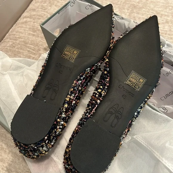 Pointed Toe Multicolor Navy Tweed Flats with Silver Buckle Size 38 #P01 - Picture 6 of 10